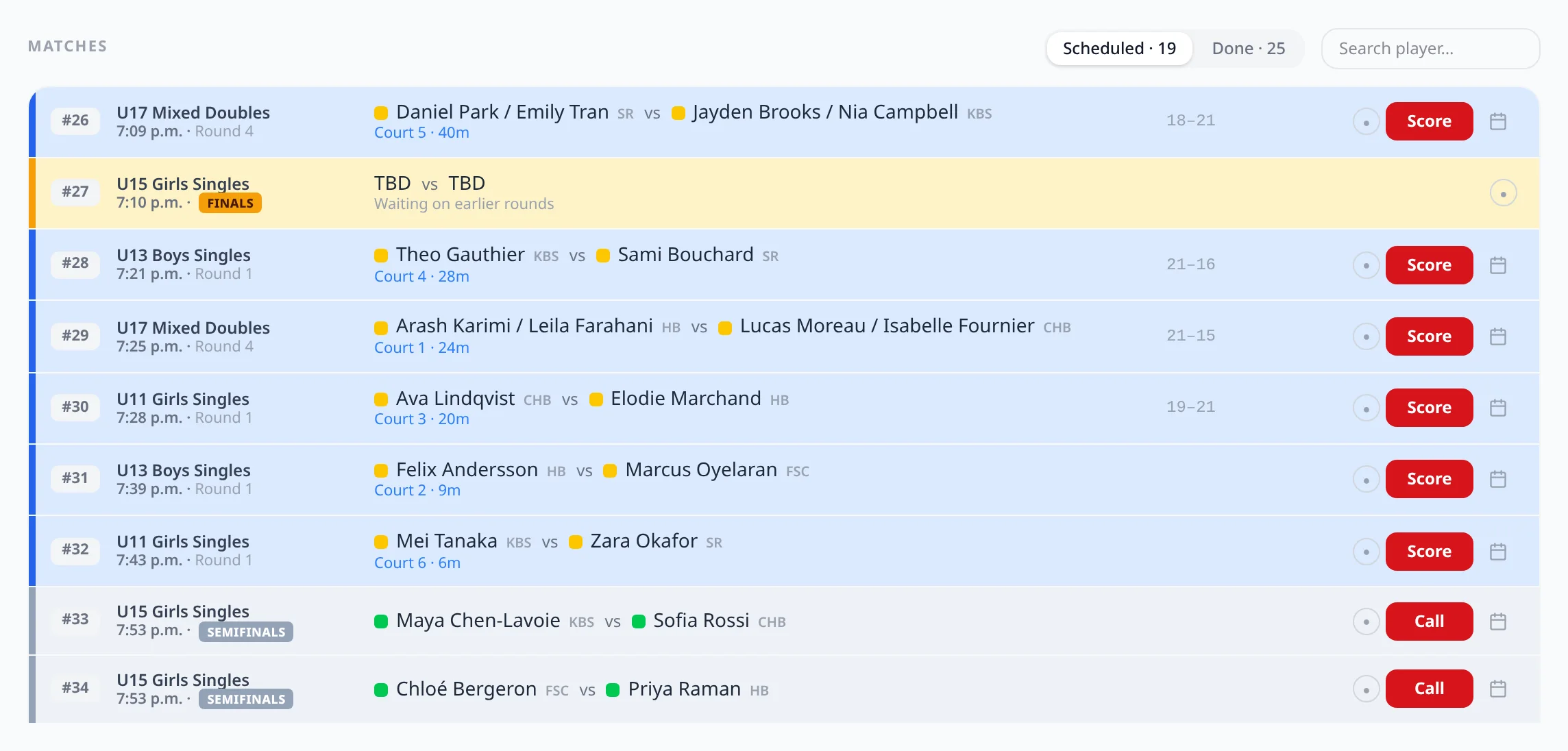 Match queue showing matches on court and the next matches ready to call